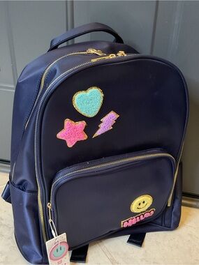 NWT Scool Daze Kids Navy Blue Backpack/Bookbag w/Patches - Hello Smiley Design